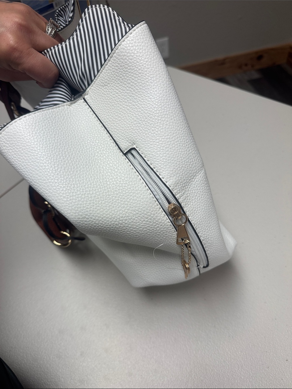 White and Brown Leather-Accent Tote Bag with Tassel - Picture 4 of 4